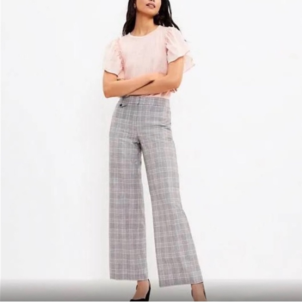 LOFT Pink Top with Gray Plaid Wide-Leg Trousers
